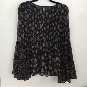 Black Floral Bell Sleeve Top
